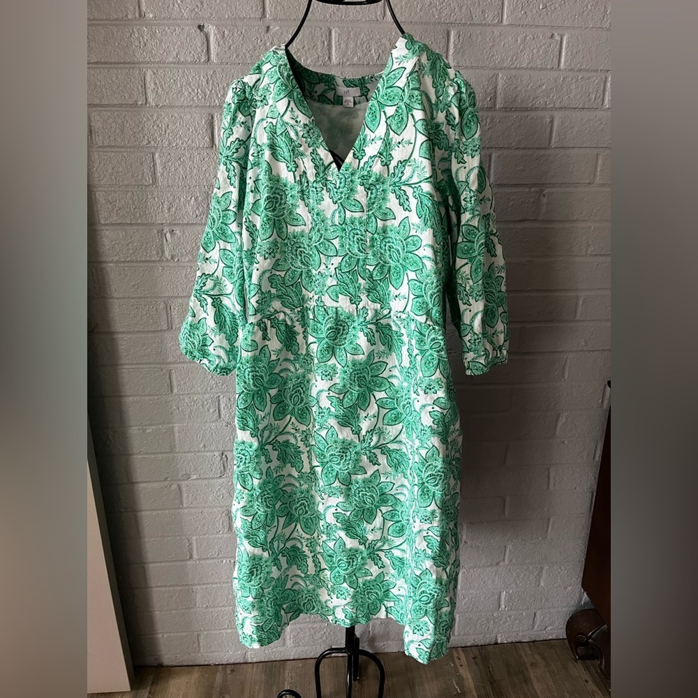 J. Jill White Midi Dress with Green Floral Pattern